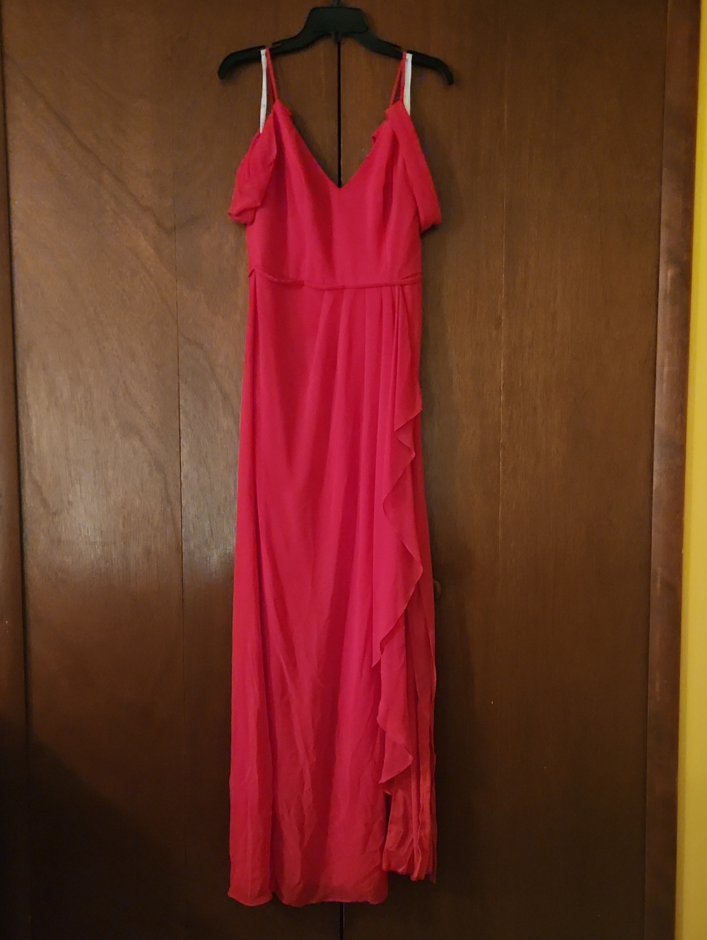 David's Bridal Red Cascading Off The Shoulder Ruffle Brides Maid Dress